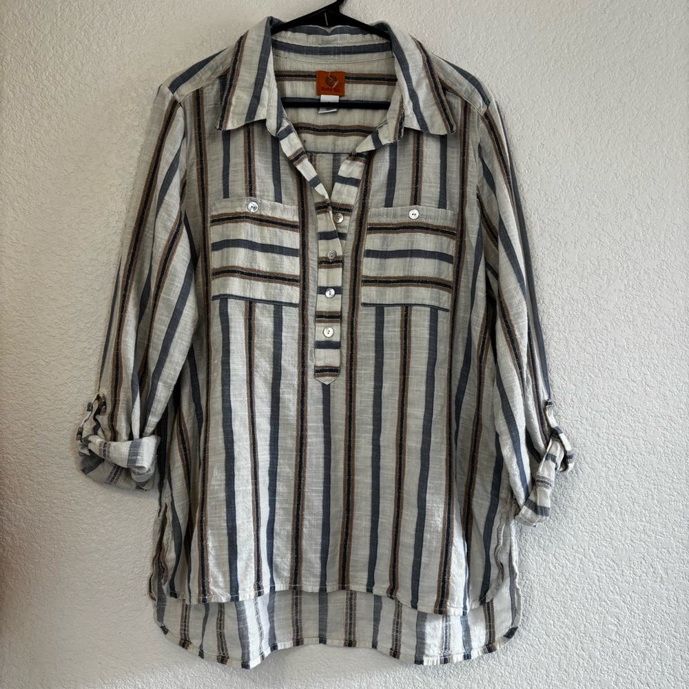 Ruby Rd. Beige, Cream and Gray Striped Blouse with Buttons